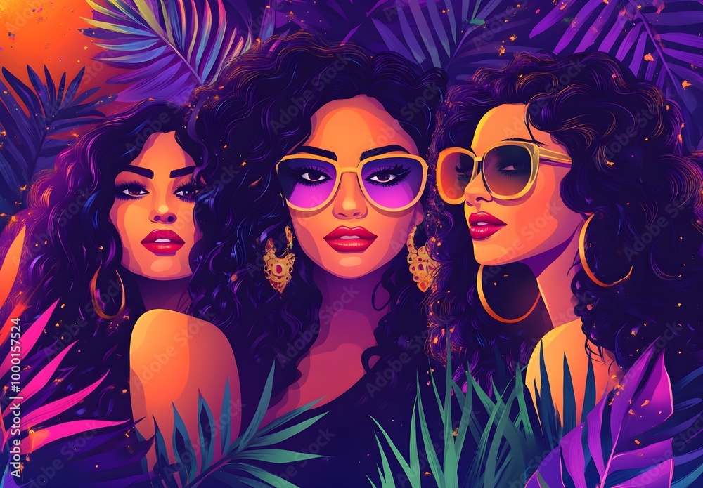 Sticker tropical women with sunglasses and earrings