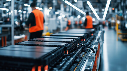 A detailed shot of EV battery cells being carefully aligned in modular packs, ready for installation into electric vehicles as they roll along the assembly line.