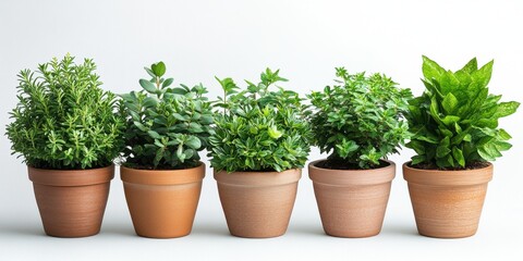 Fototapeta premium Five different herb plants in terra cotta pots, arranged in a neat row against a plain white background. the vibrant green foliage of each plant adds a touch of freshness and natural beauty to the