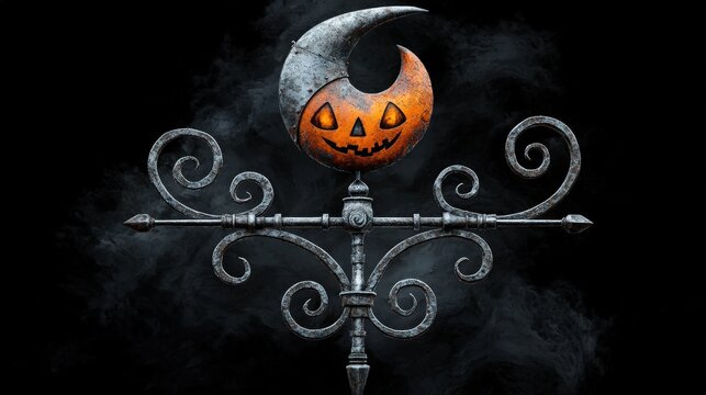 Metal Halloween decoration with moon and jack-o'-lantern, isolated on black background.