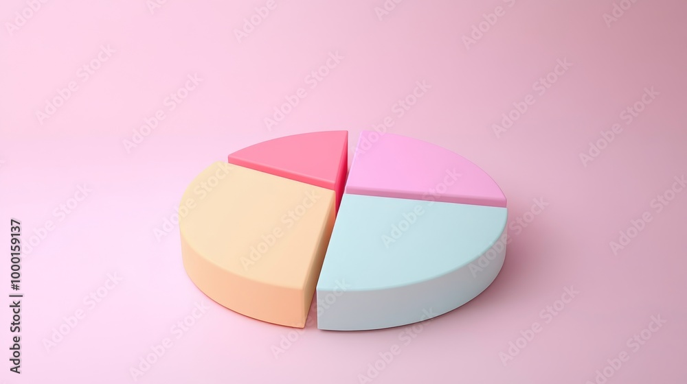 Poster A creative 3D pie chart in pastel colors, each segment slightly tilted for emphasis, set against a soft gradient background, representing data visualization in a minimalistic design.