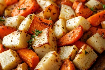 Close-up of Roasted Potatoes, Carrots, and Parsnips with Thyme