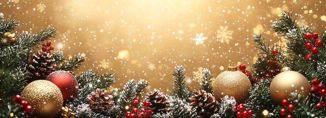 Wide web Christmas horizontal banner with baubles, tree branches, xmas decoration, golden light, holly berry, copy space. Modern Merry Xmas bright glitter illustration, Happy New Year background