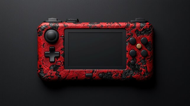 Red gaming console controller with textured design, black background.