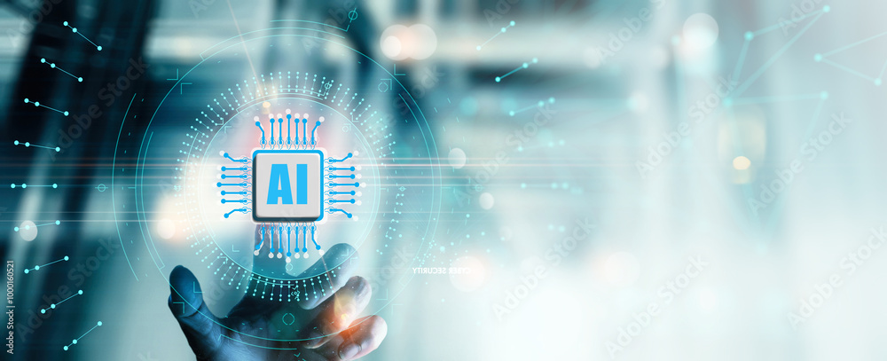 Poster A futuristic digital concept image showing a hand reaching out towards an AI microchip symbol. abstract connections and a technological interface,
