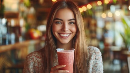 Cheerful Woman Holding Drink in Bright Cafe Setting