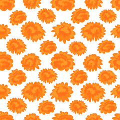 Marigolds seamless pattern. Vector hand drawn illustration. Orange flowers for Diwali Hindu festival of light and Mexican Day of the Dead. Сempasúchil ornament with flat modern elements on white