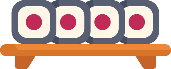 Minimalist vector illustration of five sushi maki rolls with tuna filling, served on a wooden geta tray, isolated on a white background