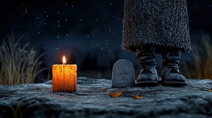 A figure standing by a gravestone with a lit candle in a dark, atmospheric setting.