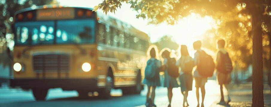 Elementary school students waiting for the school bus on a sunny day, defocused