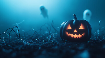 Naklejka premium A carved pumpkin lantern emitting a soft glow, resting against a bold blue background with faint ghostly figures and party streamers floating nearby, providing lots of copy space f