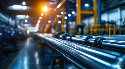 Rows of stainless steel pipes in a modern industrial warehouse, each pipe polished to perfection, reflecting cool tones of light, symbolizing high-quality manufacturing in the meta