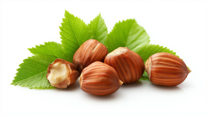 Fresh Hazelnuts with Green Leaves on a White Background