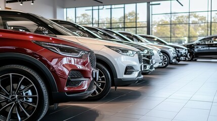 Row of modern car showroom, sales and service center automotive concept