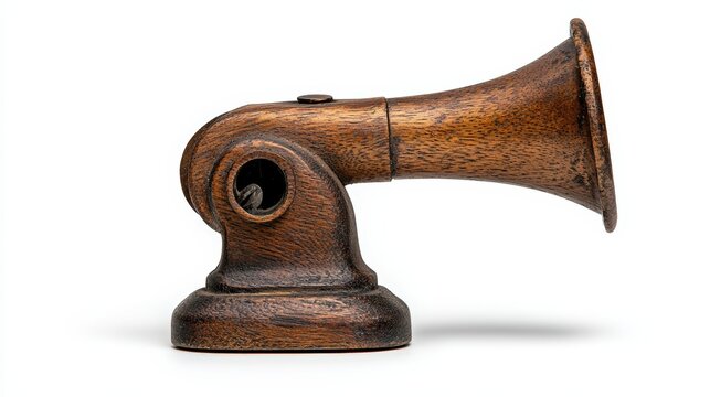 Antique phonograph horn on a white isolated background.