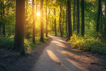 Fototapeta premium Sunlight Streaming Through Trees on a Forest Path