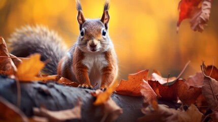 Red squirrel in yellow leaves in an autumn park. Neural network ai generated art