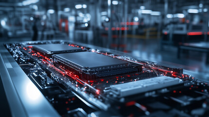 A high-tech factory setting where electric vehicle battery cells are assembled at rapid speed, with precision tools connecting electrodes and securing the final layers.