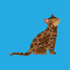 Illustration of a Sitting Spotted Bengal Cat on Blue Background