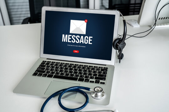 Email notification message showing on computer screen snugly. Digital marketing message information text from business to customer client