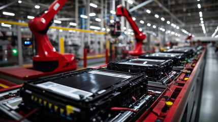 Fototapeta premium A detailed view of the final assembly stage, where robotic arms seal EV battery cells into protective enclosures, ready for quality checks before deployment.