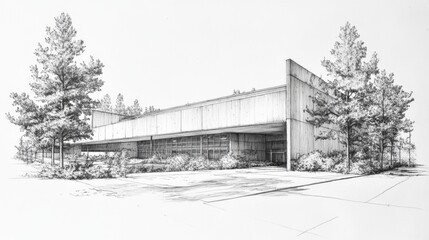 Creative Modern Architectural Sketch of Building with Trees in Monochrome Illustration.