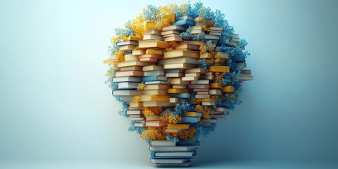 3D rendering of a pile of books in the shape of a light bulb on a white background, with a yellow and blue color palette, a minimal concept design, and copy space for an education or learning theme. 