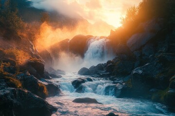 Fototapeta premium Majestic Waterfall Cascading Through Misty Mountain Landscape at Sunset