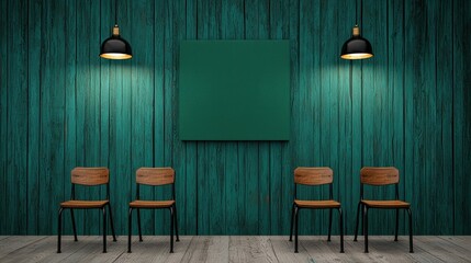 Chairs arranged in front of a vibrant green wooden wall with lights and a blank s.
