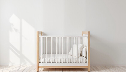 Minimalist baby crib in a bright nursery with natural light and white walls

