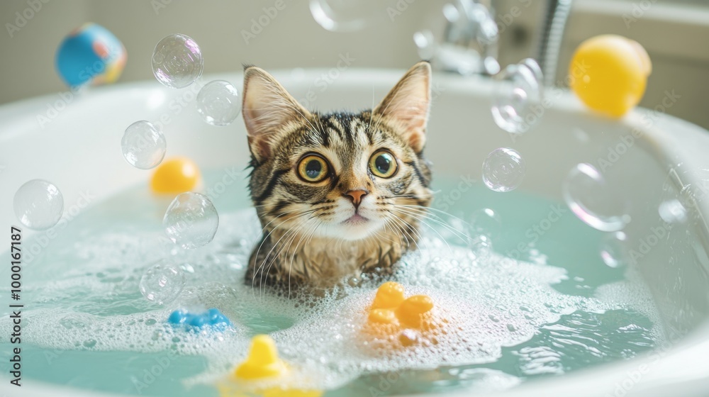 Poster a delightful image of a cat playing with bubbles in a bathtub, surrounded by floating toys, showcasi