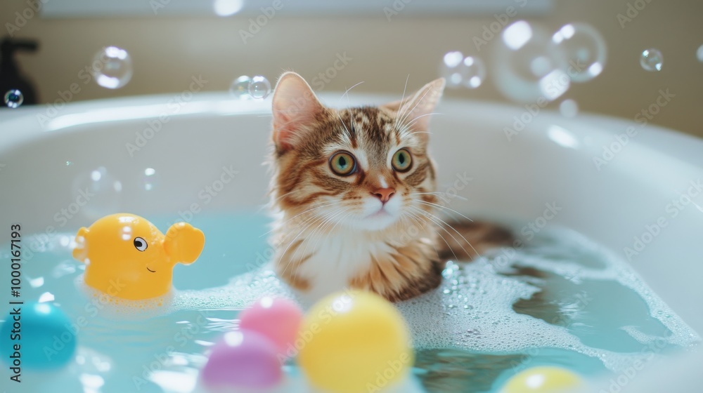 Poster a delightful image of a cat playing with bubbles in a bathtub, surrounded by floating toys, showcasi