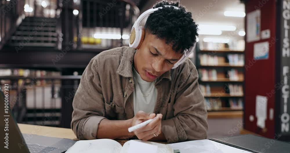Poster student, research and books with man in library for knowledge, education and college thesis. academy