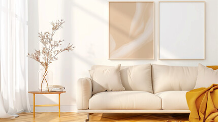 Sofa in modern interior with cozy living room decor and natural light