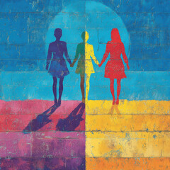 Obraz premium Empowering mural depicting three women holding hands, symbolizing unity and gender equality. vibrant colors and shadows create striking visual impact
