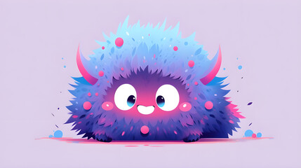 Adorable fluffy monster with horns and big eyes