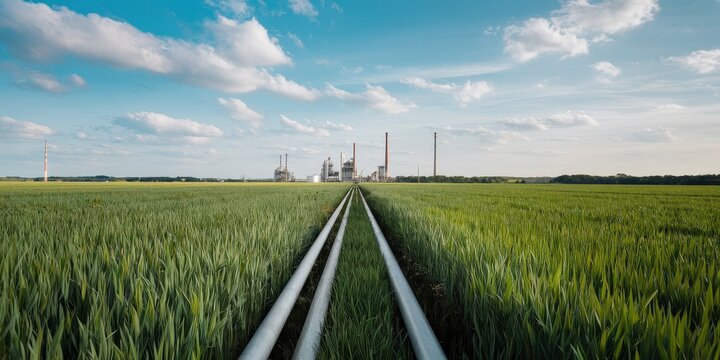 A rural landscape featuring lush green crops and two pipelines heading towards a distant industrial facility with smokestacks under a clear sky.