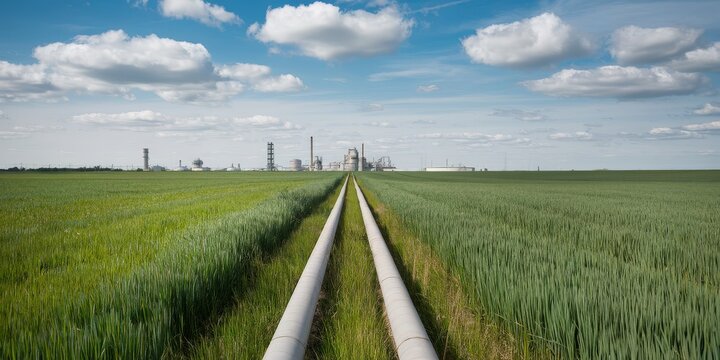A rural landscape featuring lush green crops and two pipelines heading towards a distant industrial facility with smokestacks under a clear sky.