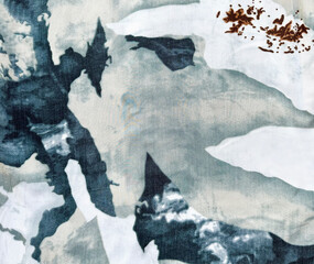 Random and abstract pattern texture in shades of blue, grey, white, brown, and cyan colors. Total abstract clouds illustration printed on a linen fabric.