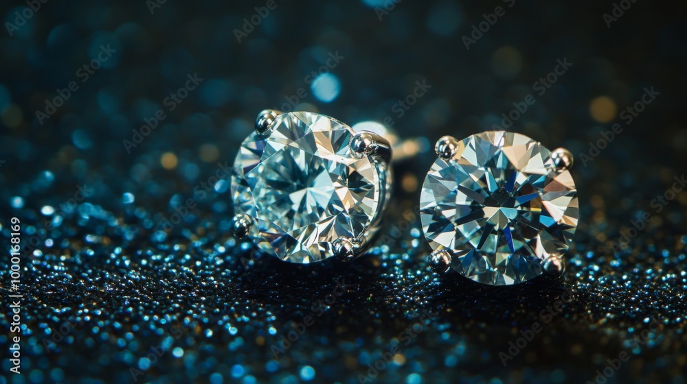 Aufkleber A detailed shot of a pair of diamond earrings with a unique design, captured with a macro lens to emphasize the cut and sparkle of each stone.