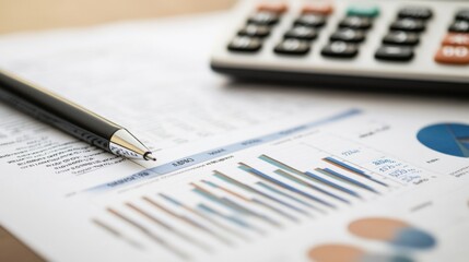 A detailed shot of a printed financial report with various charts and graphs, with a pen and calculator beside it, emphasizing the analysis and planning process.