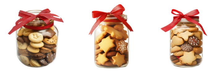Isolated glass jar filled with homemade Christmas cookies, tied with a red ribbon