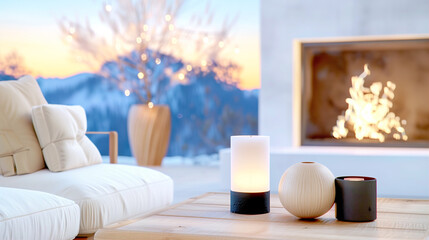 Decorative candles in cozy interior design creating a warm atmosphere with natural lighting and elegant decor