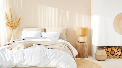 Bedroom with modern interior design showcasing soft textures and natural light