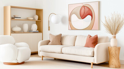 Sofa in modern living room interior with stylish decor and natural light design