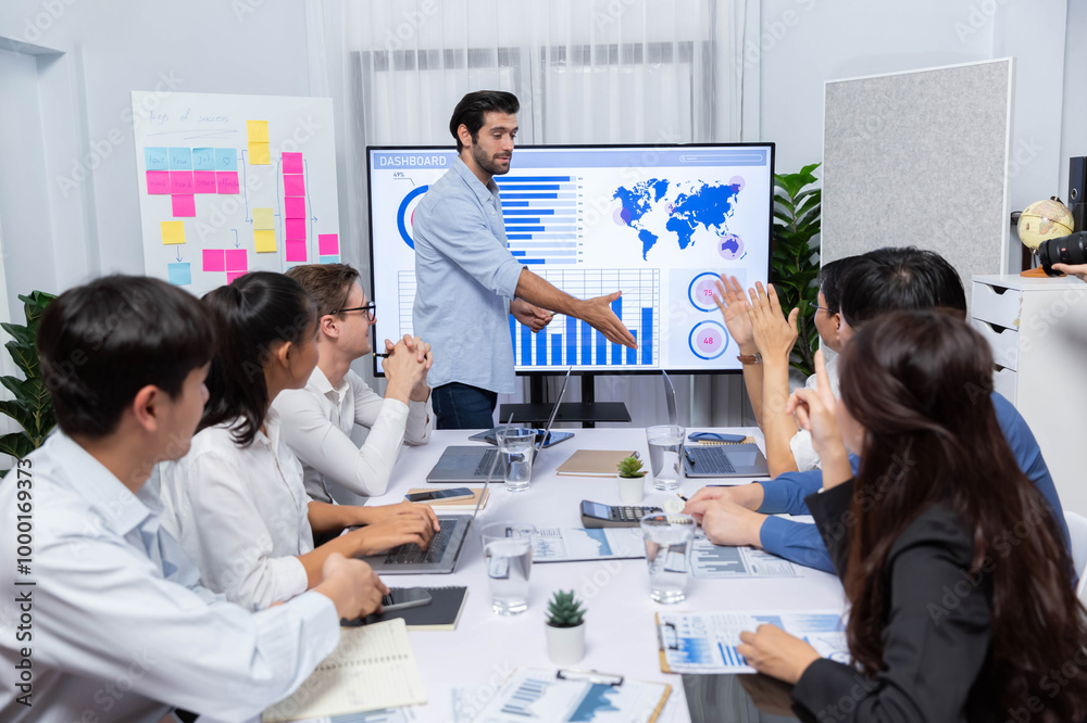 Poster presentation in office or meeting room with analyst team utilizing bi fintech to analyze financial d