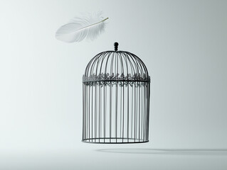 Open Birdcage with Feather Floating in Minimalist Setting