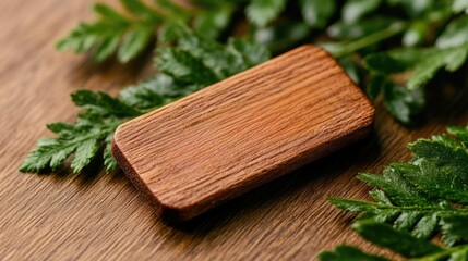 Rustic wooden tag on fern background for eco-friendly presentation or flash sale promotion