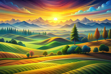 Fototapeta premium A vibrant sunrise casts golden hues over rolling hills and lush valleys, creating a breathtaking landscape at dawn. Generative AI
