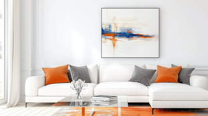 Modern living room with white sofa elegant interior design and colorful decor accents